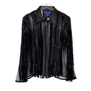 Blu Ice Black Leather Sheer Braided Fringed Jacket Blouse Medium